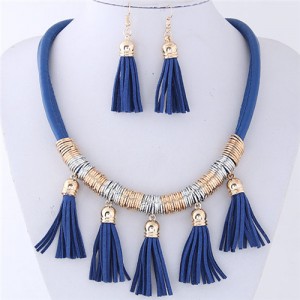 Leather Tassels Style High Fashion Necklace and Earrings Set - Blue