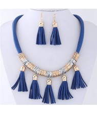 Leather Tassels Style High Fashion Necklace and Earrings Set - Blue