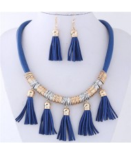 Leather Tassels Style High Fashion Necklace and Earrings Set - Blue