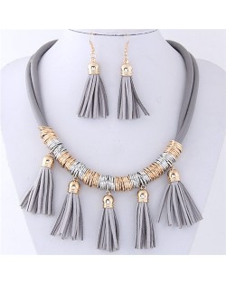 Leather Tassels Style High Fashion Necklace and Earrings Set - Gray