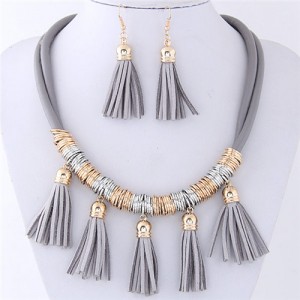 Leather Tassels Style High Fashion Necklace and Earrings Set - Gray