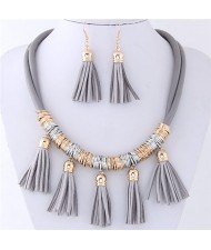 Leather Tassels Style High Fashion Necklace and Earrings Set - Gray