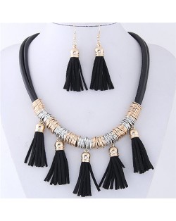 Leather Tassels Style High Fashion Necklace and Earrings Set - Black