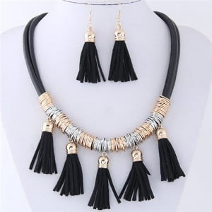 Leather Tassels Style High Fashion Necklace and Earrings Set - Black