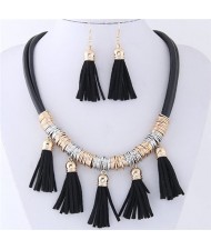 Leather Tassels Style High Fashion Necklace and Earrings Set - Black