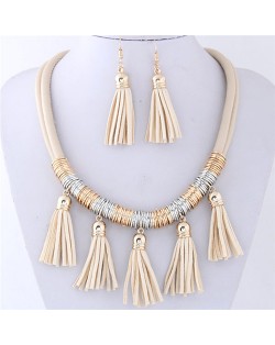 Leather Tassels Style High Fashion Necklace and Earrings Set - Khaki