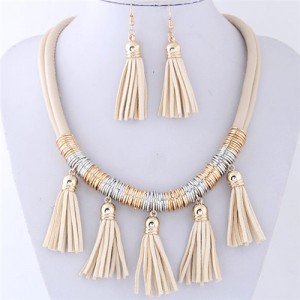 Leather Tassels Style High Fashion Necklace and Earrings Set - Khaki
