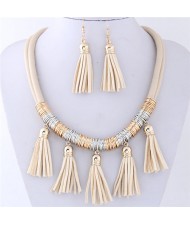 Leather Tassels Style High Fashion Necklace and Earrings Set - Khaki