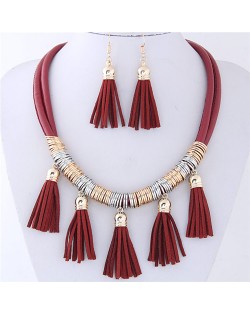 Leather Tassels Style High Fashion Necklace and Earrings Set - Red
