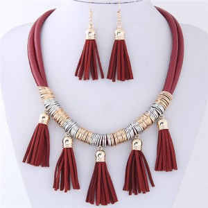 Leather Tassels Style High Fashion Necklace and Earrings Set - Red