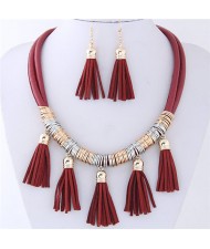 Leather Tassels Style High Fashion Necklace and Earrings Set - Red