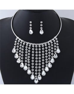 Glistening Waterdrops Chunky Style Costume Necklace and Earrings Set - Silver