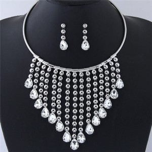 Glistening Waterdrops Chunky Style Costume Necklace and Earrings Set - Silver