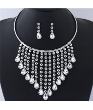 Glistening Waterdrops Chunky Style Costume Necklace and Earrings Set - Silver