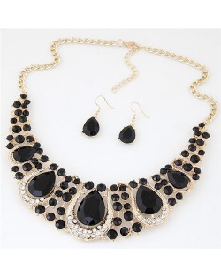 Rhinestone Embellished Resin Gems Combined Waterdrops Theme Collar Necklace and Earrings Set - Black