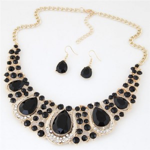 Rhinestone Embellished Resin Gems Combined Waterdrops Theme Collar Necklace and Earrings Set - Black