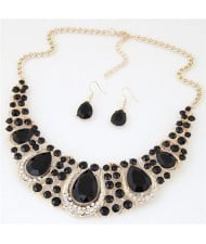 Rhinestone Embellished Resin Gems Combined Waterdrops Theme Collar Necklace and Earrings Set - Black