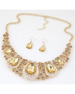 Rhinestone Embellished Resin Gems Combined Waterdrops Theme Collar Necklace and Earrings Set - Champagne