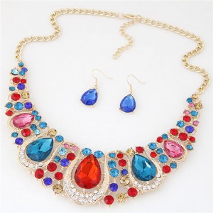 Rhinestone Embellished Resin Gems Combined Waterdrops Theme Collar Necklace and Earrings Set - Multicolor