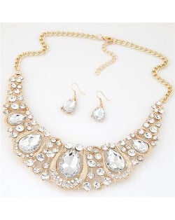 Rhinestone Embellished Resin Gems Combined Waterdrops Theme Collar Necklace and Earrings Set - White