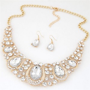 Rhinestone Embellished Resin Gems Combined Waterdrops Theme Collar Necklace and Earrings Set - White
