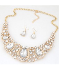 Rhinestone Embellished Resin Gems Combined Waterdrops Theme Collar Necklace and Earrings Set - White