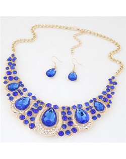 Rhinestone Embellished Resin Gems Combined Waterdrops Theme Collar Necklace and Earrings Set - Blue