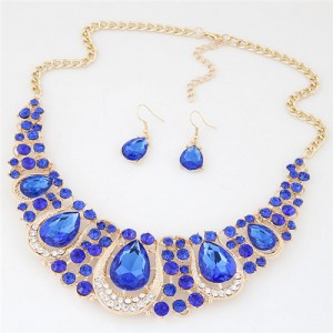 Rhinestone Embellished Resin Gems Combined Waterdrops Theme Collar Necklace and Earrings Set - Blue