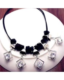 Rhinestone Inlaid Square Pendants Unique Design Leather Rope Fashion Necklace
