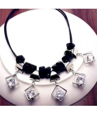 Rhinestone Inlaid Square Pendants Unique Design Leather Rope Fashion Necklace