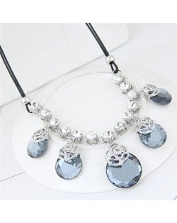 Elegant Hollow Rose Attached Glass Gem Pendant Design Costume Necklace - Gray