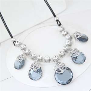 Elegant Hollow Rose Attached Glass Gem Pendant Design Costume Necklace - Gray