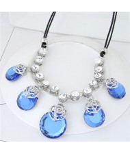 Elegant Hollow Rose Attached Glass Gem Pendant Design Costume Necklace - Blue