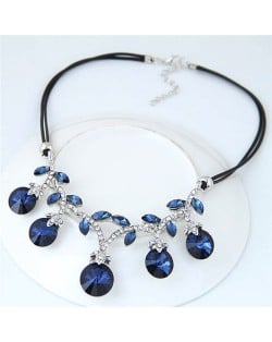 Shining Leaves and Fruit Design Rope Fashion Necklace - Blue