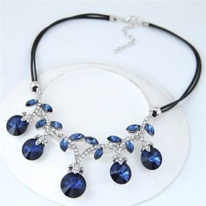 Shining Leaves and Fruit Design Rope Fashion Necklace - Blue