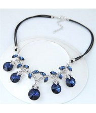 Shining Leaves and Fruit Design Rope Fashion Necklace - Blue