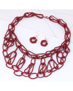 Linked Alloy Chunky Chain Design Costume Necklace and Earrings Set - Red