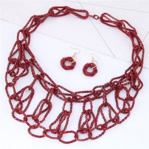 Linked Alloy Chunky Chain Design Costume Necklace and Earrings Set - Red