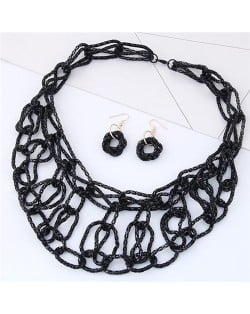 Linked Alloy Chunky Chain Design Costume Necklace and Earrings Set - Black