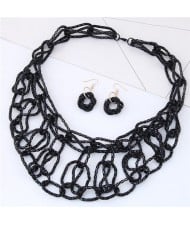 Linked Alloy Chunky Chain Design Costume Necklace and Earrings Set - Black