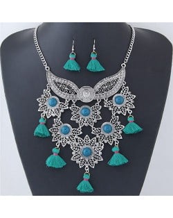 Alloy Leaves and Mask Combo with Tassels Design Fashion Necklace and Earrings Set - Green