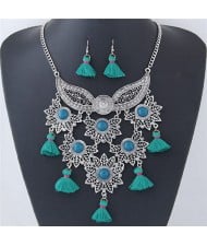 Alloy Leaves and Mask Combo with Tassels Design Fashion Necklace and Earrings Set - Green