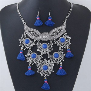 Alloy Leaves and Mask Combo with Tassels Design Fashion Necklace and Earrings Set - Blue