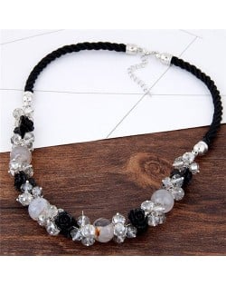 Black Roses and Crystal Beads Combo Short Rope Fashion Necklace