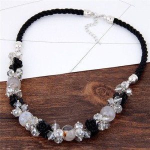 Black Roses and Crystal Beads Combo Short Rope Fashion Necklace
