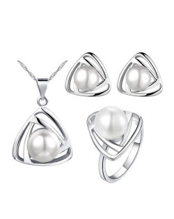 Pearl Inlaid Artistic Triangle Design Fashion Necklace Earrings and Ring Set - White