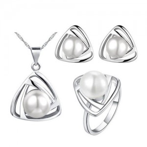 Pearl Inlaid Artistic Triangle Design Fashion Necklace Earrings and Ring Set - White