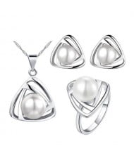 Pearl Inlaid Artistic Triangle Design Fashion Necklace Earrings and Ring Set - White