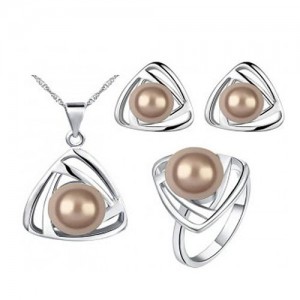 Pearl Inlaid Artistic Triangle Design Fashion Necklace Earrings and Ring Set - Champagne