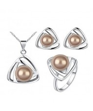 Pearl Inlaid Artistic Triangle Design Fashion Necklace Earrings and Ring Set - Champagne